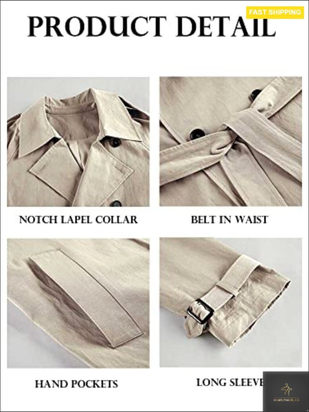 Slim Fit Trench Coat Classic Elegant Windproof Double Breasted Overcoat with - Picture 6 of 7